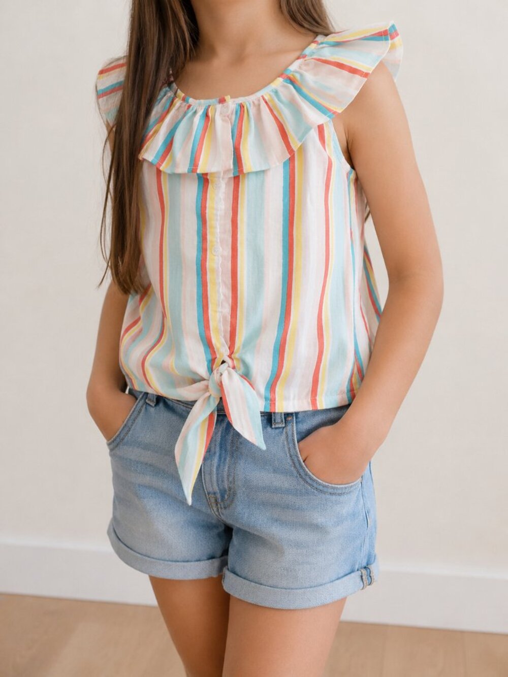 Blumind Striped Ruffle Tie-Front Top – Girls Size 8
